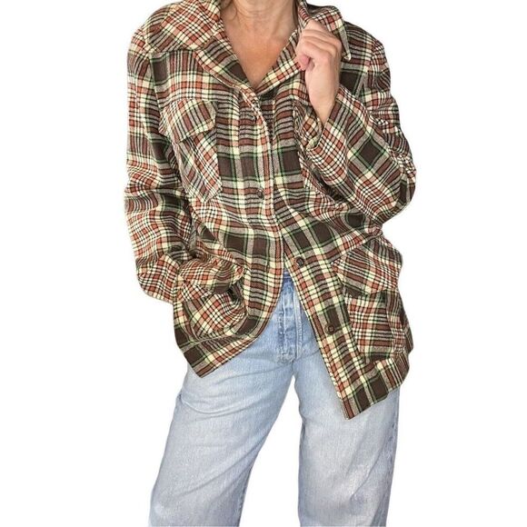 Vintage 70’s Wool Plaid Jacket/Blazer Brown/Cream/Orange/Green Fall Women’s L - Picture 2 of 16